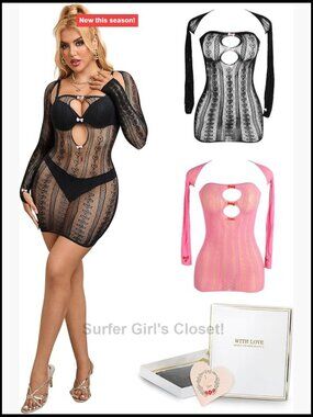 Plus Size Sexy Fishnet Lingerie Bodysuit Dress 2-Piece Sheer Clubwear